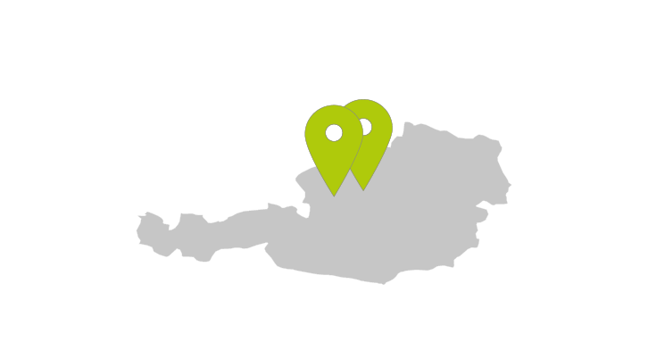 A map of Austria with a location arrow pointing to the TGW Logistics offices
