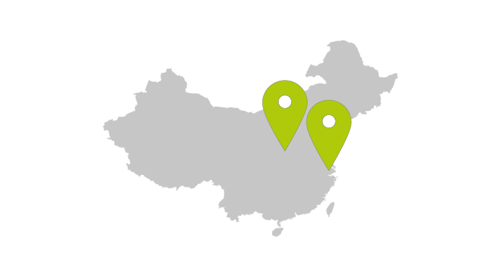A map of China with a location arrow pointing to the TGW Logistics offices