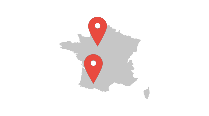A map of France with a location arrow pointing to the TGW Logistics offices