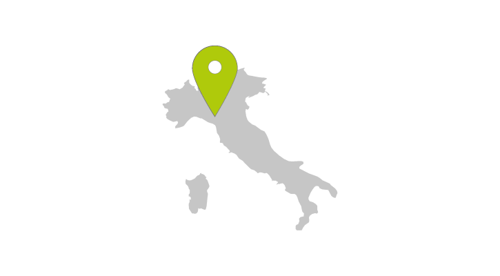 A map of Italy with a location arrow pointing to the TGW Logistics office