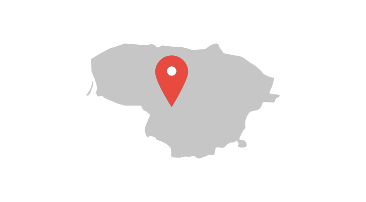 A map of Lithuania with a location arrow pointing to the TGW Logistics office