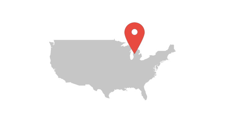 A map of the United States with a location arrow pointing to the TGW Logistics office