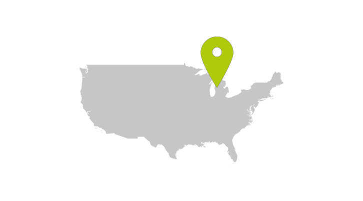 A map of the United States with a location arrow pointing to the TGW Logistics office