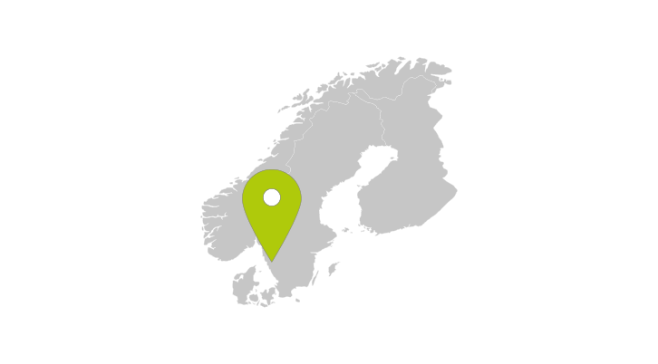A map of Scandinavia with a location arrow pointing to the TGW Logistics office