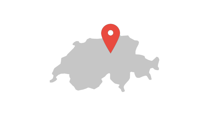 A map of Switzerland with a location arrow pointing to the TGW Logistics office