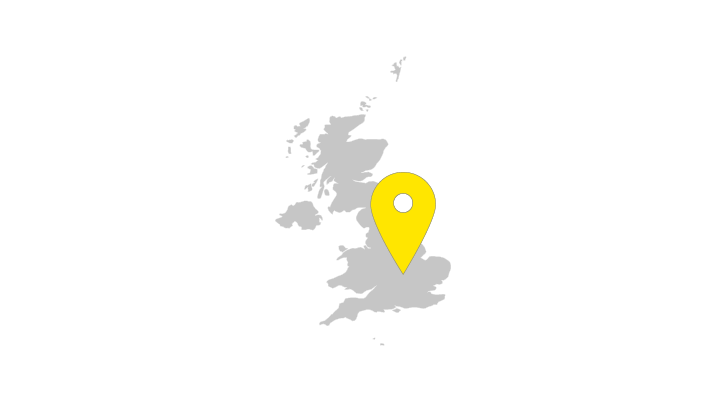 A map of the United Kingdom with a location arrow pointing to the TGW Logistics office