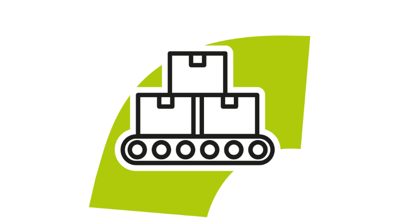 Black and white icon of a conveyor belt with multiple boxes, representing warehouse automation