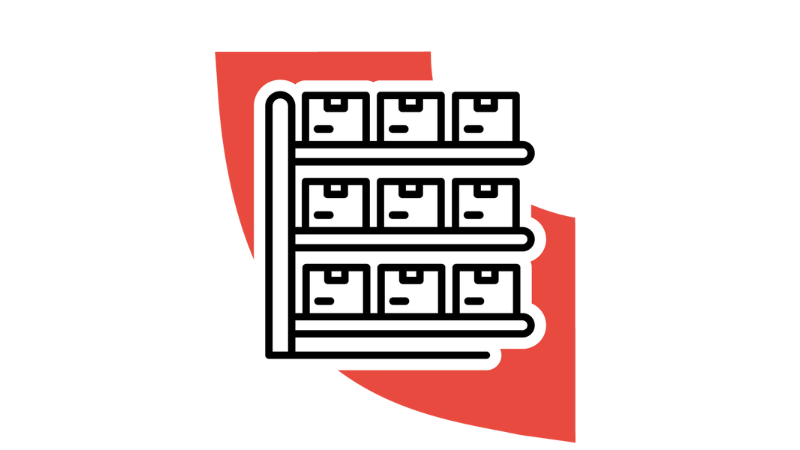 Black and white icon of a storage shelf with multiple boxes, representing warehouse fulfillment