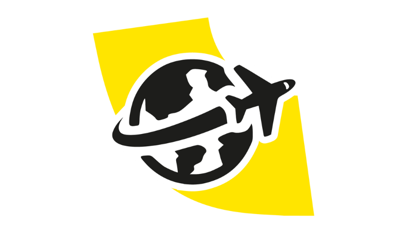 Black and white icon of a plane flying around the world, representing the global reach of TGW Logistics