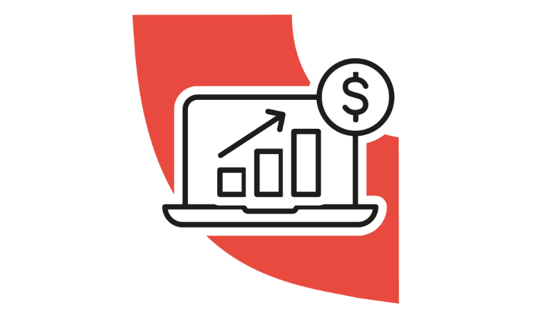 Black and white icon of a laptop with a rising graph and a dollar sign, representing the reinvested profits of TGW Logistics