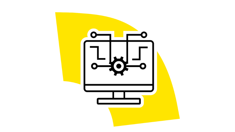 Black and white icon of a gear and things attached to it, representing robotics in action