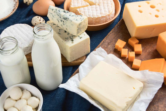 A mixture of dairy products with milk, yogurt and cheeses