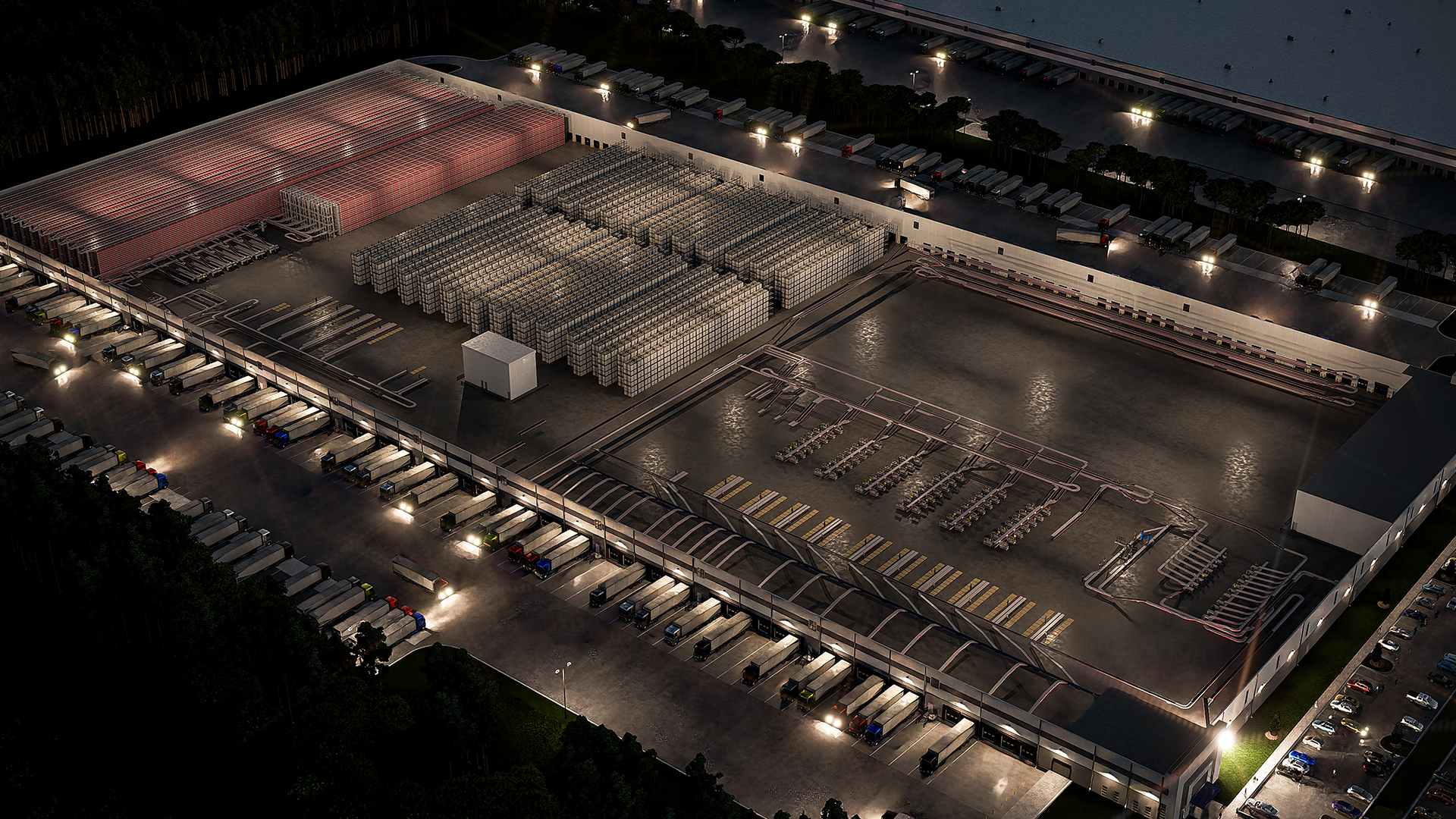 3D rendering of the current warehouse automation solution at a luxury fashion retailer's facility for their consumer goods logistics, from an angled view and at night