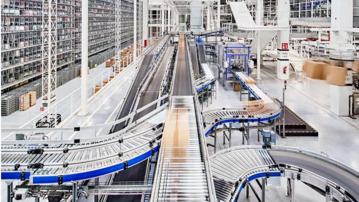 Inside look of the conveyor belt system into the warehouse of Mango in Spain.