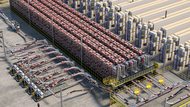 3D rendering of the current FlashPick warehouse automation solution for a home improvement retailer, from an angled view