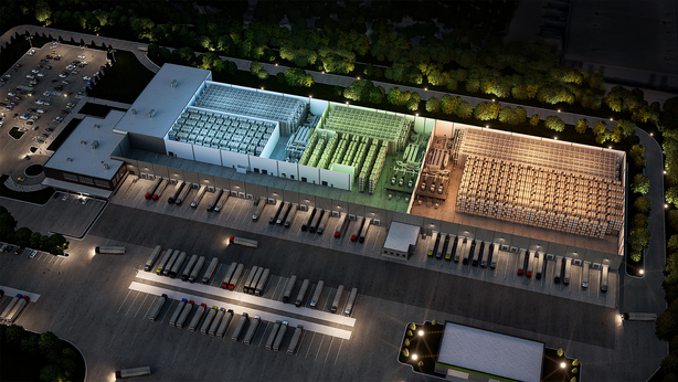 3D rendering of a customer site with a FullPick warehouse automation solution, each temperature zone is lighted in a different color