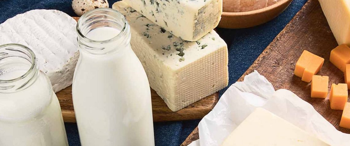 [Translate to North America:] Fresh cheese and milk goods on a table