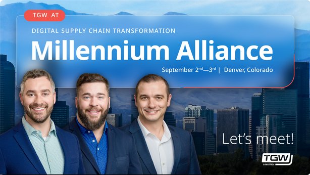 Graphic telling people to meet TGW at Millennium Alliance and including headshots of the TGW Logistics attendees: Dexter Weber, Collin Russell, and Blake Neal