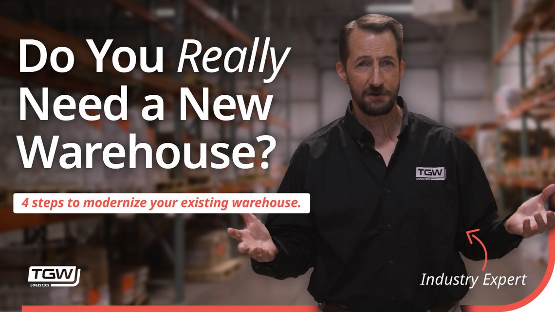 Graphic thumbnail for a TGW Logistics video about how to break down a large brownfield warehouse modernization project into four steps