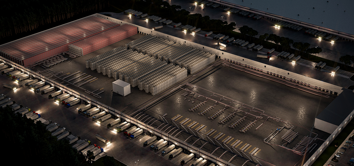 3D rendering of the current warehouse automation solution at a luxury fashion retailer's facility for their consumer goods logistics, from an angled view and at night
