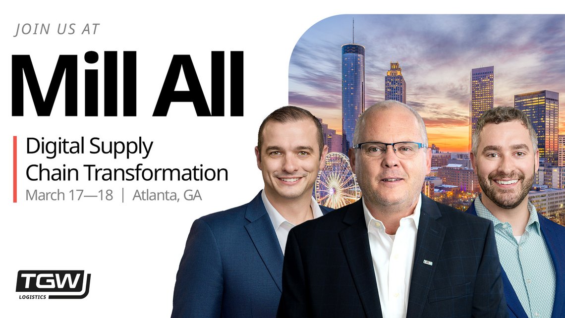 Graphic telling people to meet TGW at Millennium Alliance and including headshots of the TGW Logistics attendees: Dexter Weber, Blake Neal, and Jeff Rhodes