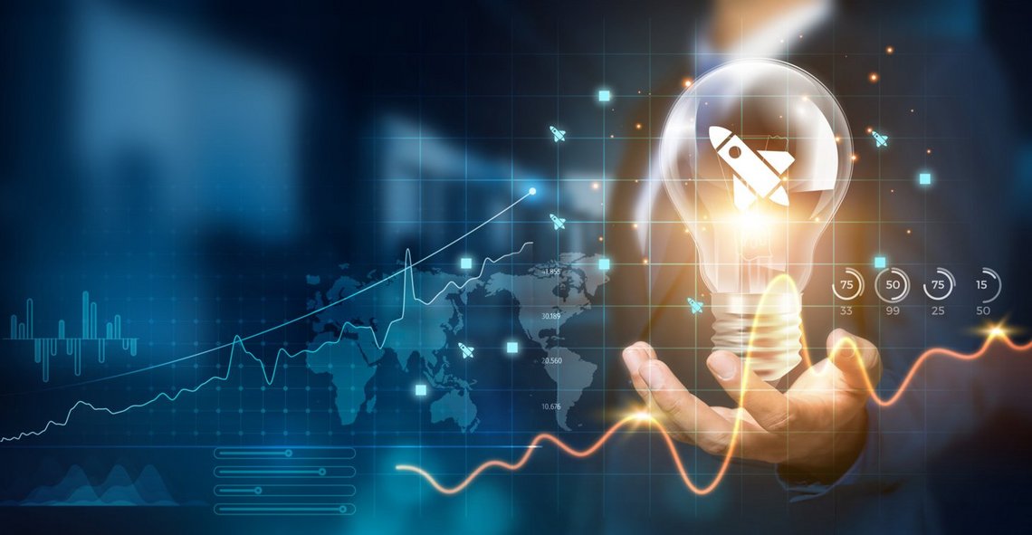 A futuristic digital concept illustrating innovation and technology. A person holds a glowing light bulb with a rocket icon inside, symbolizing ideas and progress. 
