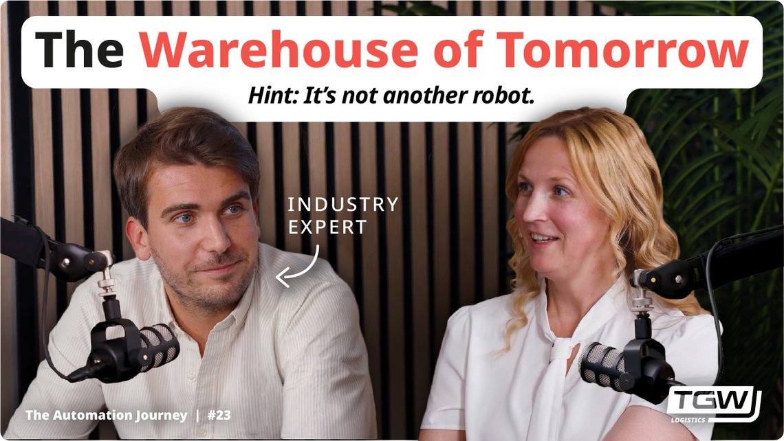 Video thumbnail for an episode TGW's The Automation Journey podcast. Image shows Stipe Galic and Rebecca Call on the podcast set talking to each other.