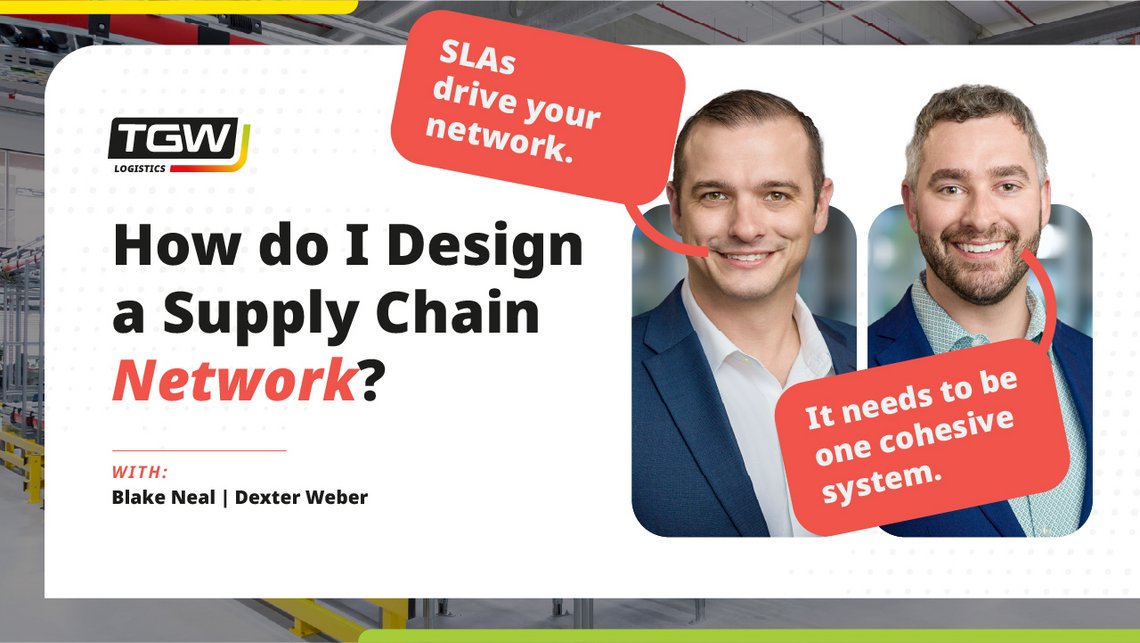 Thumbnail for a TGW Logistics YouTube podcast episode about the connections between supply chain network design and warehouse automation solutions