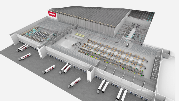 3D rendering of the Levi's fulfillment center with the layout of the new TGW Logistics warehouse automation systems