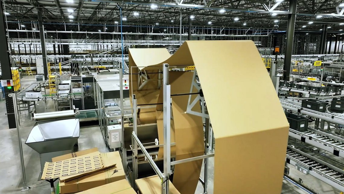 Fully automated right size packaging machine at a TGW Logistics' customer site