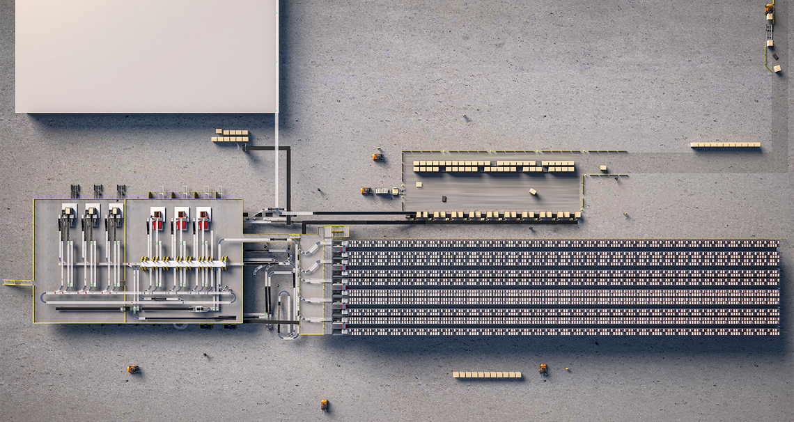 3D rendering of the current warehouse automation solution at Jasco for their consumer goods logistics, from a bird's eye view