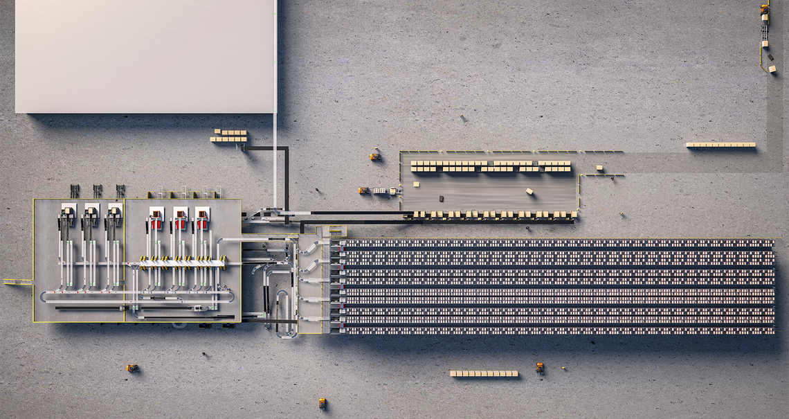 3D rendering of the current warehouse automation solution at Jasco for their consumer goods logistics, from a bird's eye view