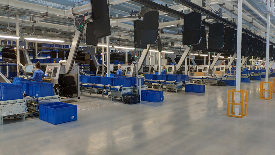Overview of the pickstations in the warehouse of Mayoral in Spain