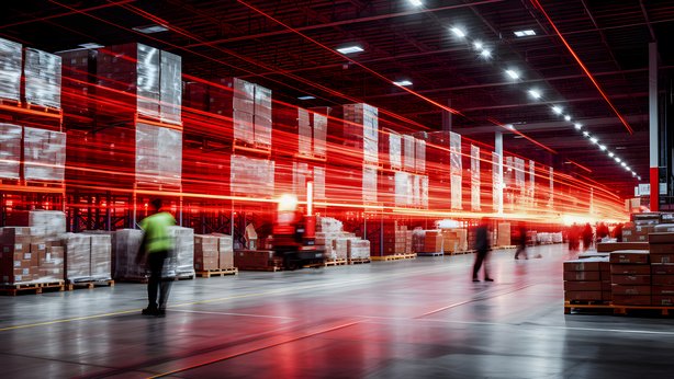 A futuristic warehouse look with red lasers shining through the warehouse
