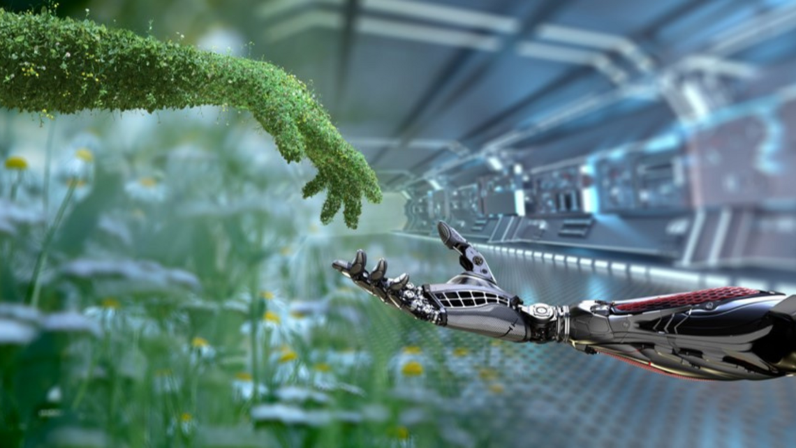 A hand with leaves going towards a robot hand signaling the close proximity between automation and sustainability