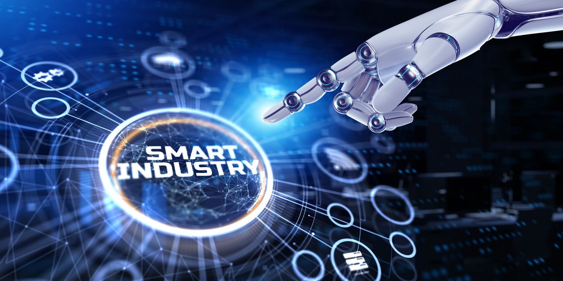 A robot arm pointing at the words 'Smart Industry' with a futuristic dark-blue background.