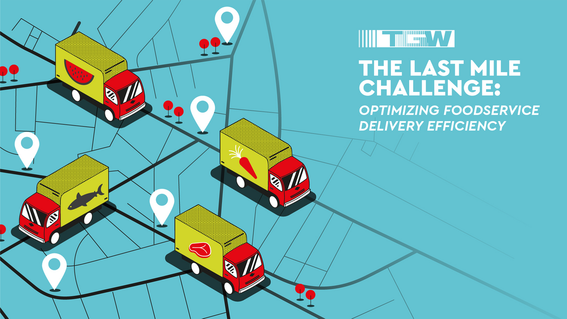 Graphic image of trucks on foodservice last mile delivery routes. Text says "The Last Mile Challenge: Optimizing Foodservice Delivery Efficiency"